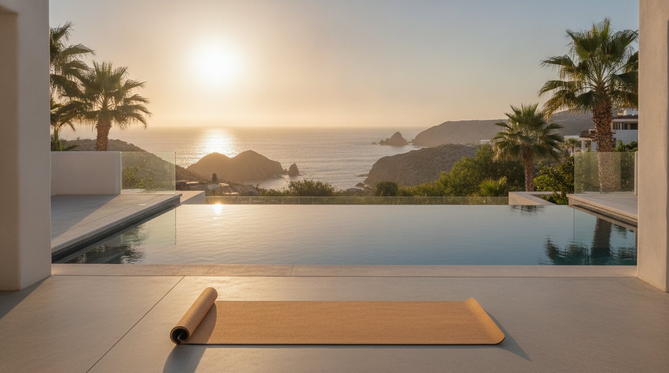 Villa terrace with a yoga mat overlooking the ocean in Los Cabos at sunrise